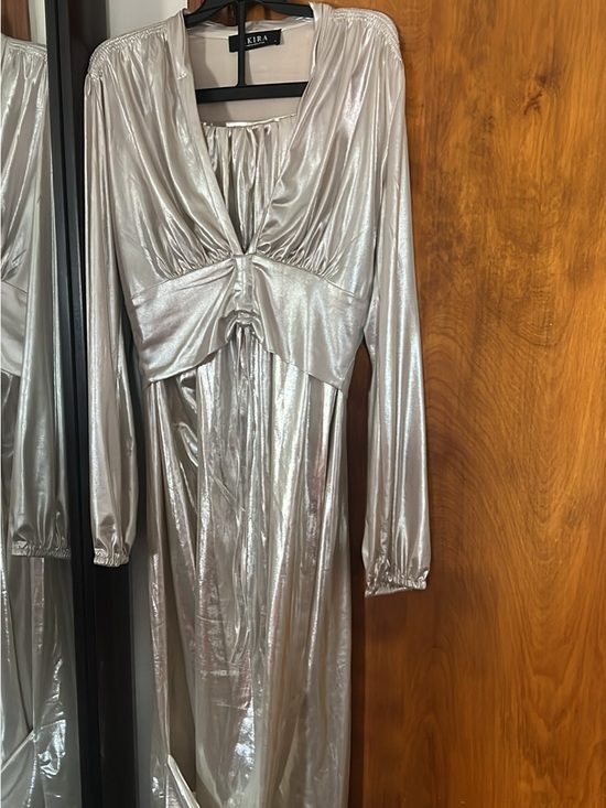 AKIRA Dresses & Skirts - AKIRA Metallic Silver Long-Sleeve Maxi Dress